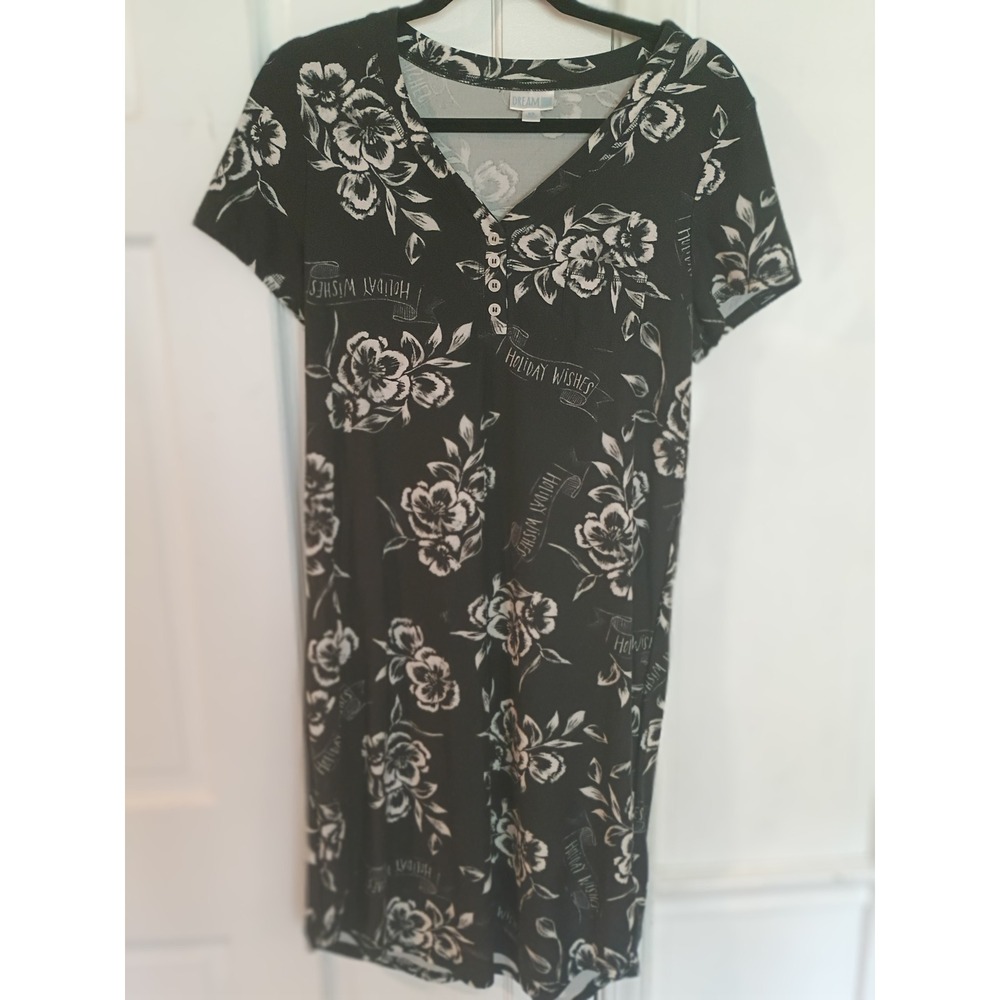 LuLaRoe Dream Womens XS Black Floral Holiday Wishes Henley Sleep Dress Nightgown